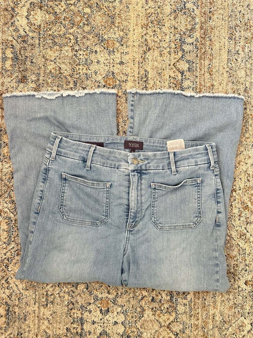 NYDJ Wide Leg Patch-Pocket Fringe-Hem Jeans Size 10